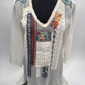 JOHNNY WAS Tunic Top Womens Small Embroidered Rayon Floral Sheer Bethanie